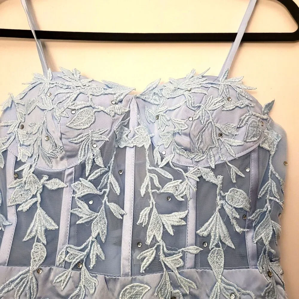Light Blue Lace up sheer CORSET Mini Dress Fairycore Coquette Hoco PROM XS 0 - 2 - Picture 5 of 8